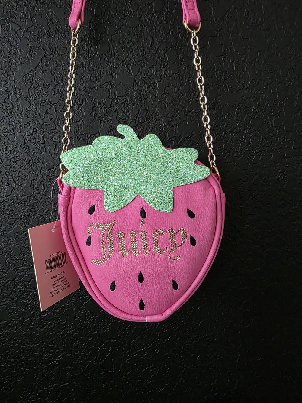 NWT Juicy Couture Kids Pink Strawberry Crossbody Bag with Glitter Green Top